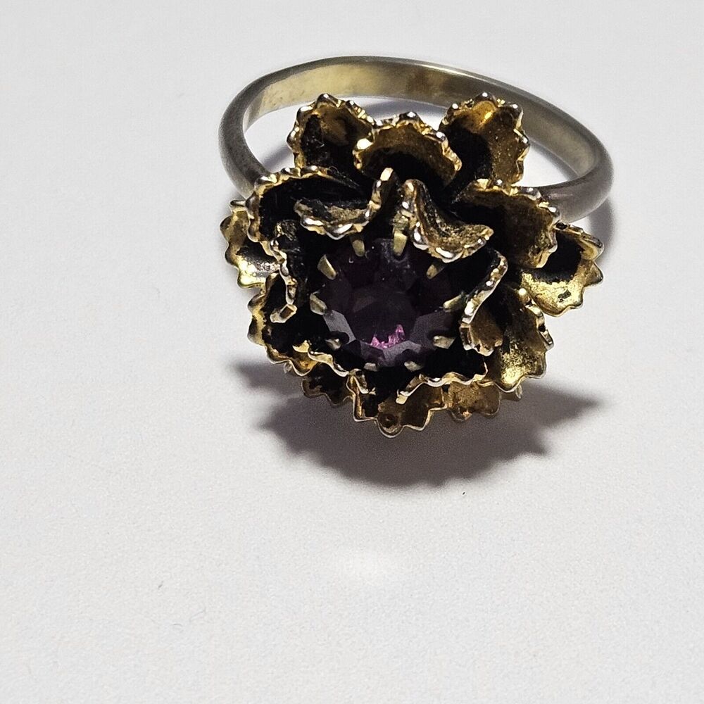 Vintage Vogue Gold Tone Metal Purple Rhinestone Flower Adjustable Cocktail Ring
